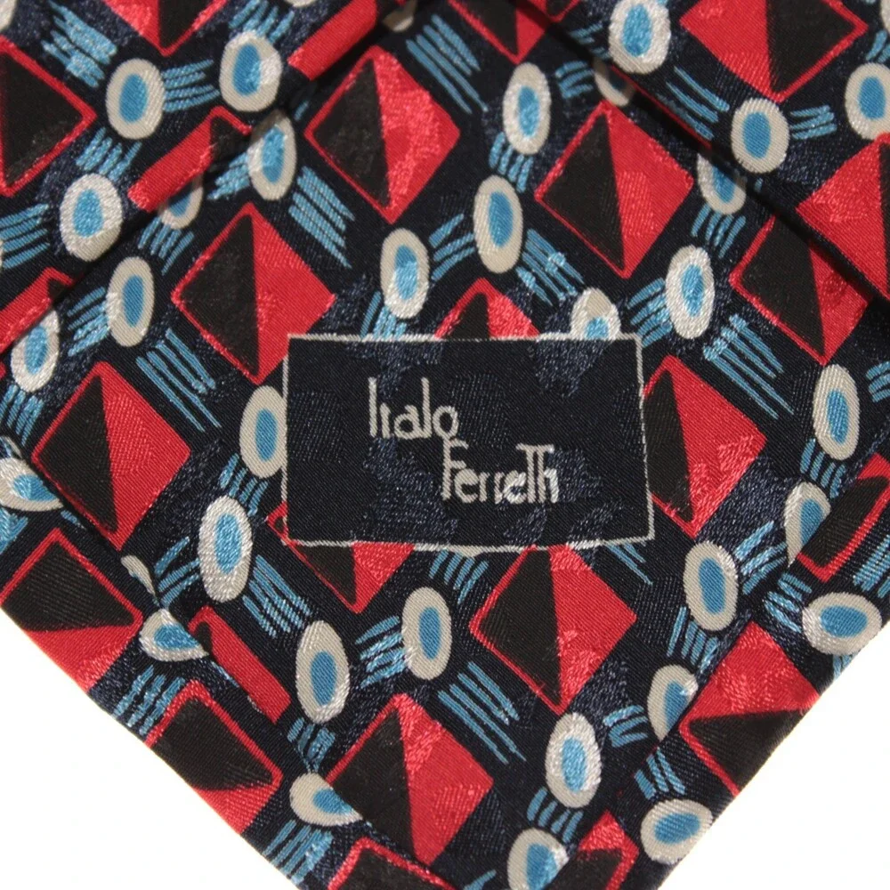 Italo Ferretti NWT Neck Tie in Red / Blue / Black Geometric Print 100% Silk